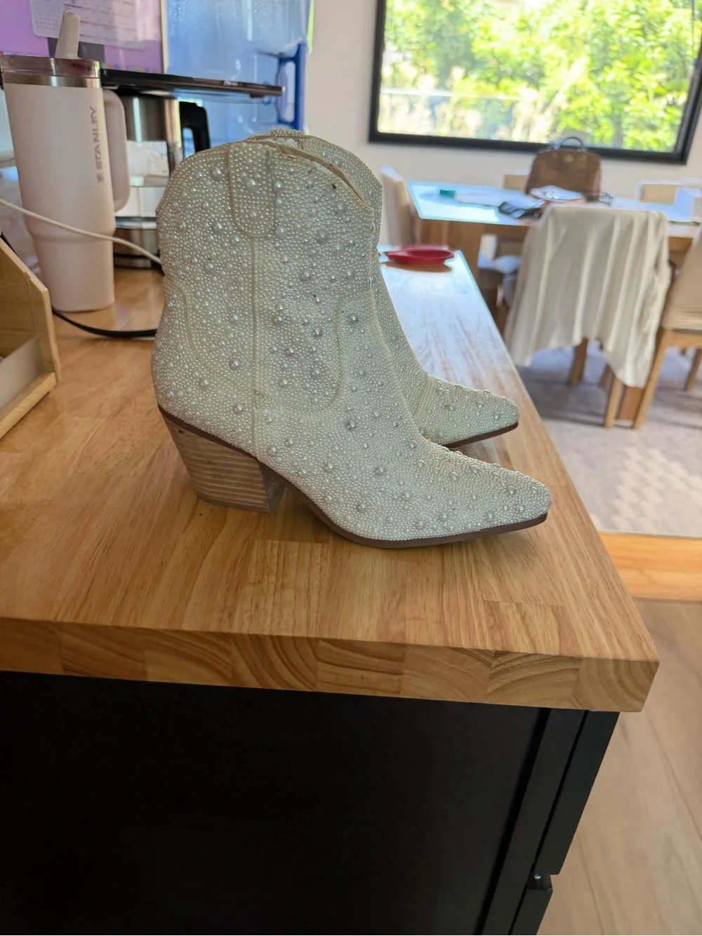 Betsey Johnson Ivory Beaded Pointed-Toe Ankle Booties